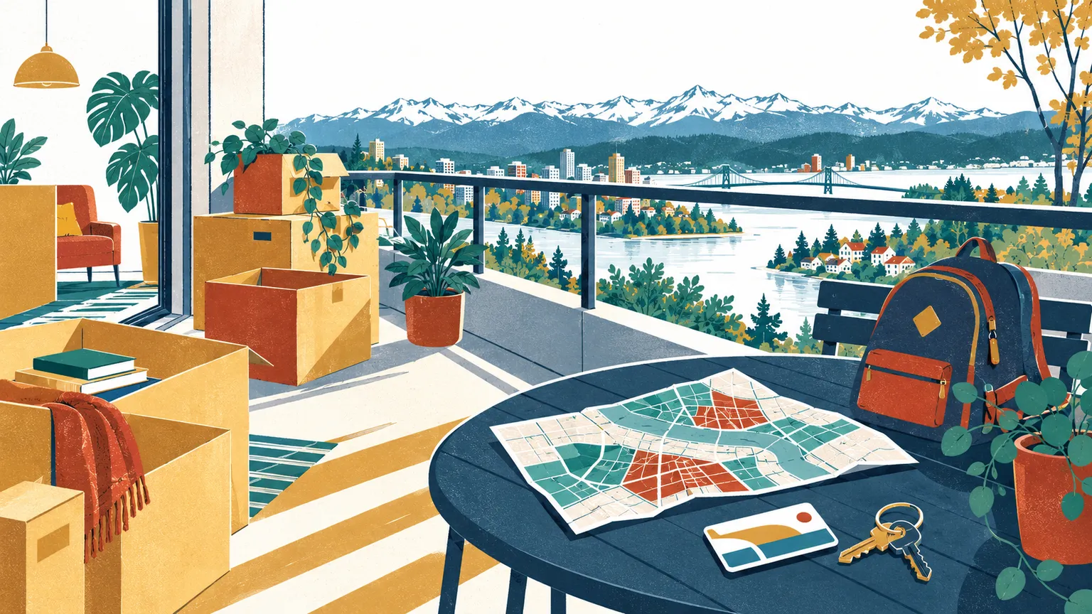 Illustration d'une installation à Pau : cartons, plan de la ville et chaîne des Pyrénées à l'horizon